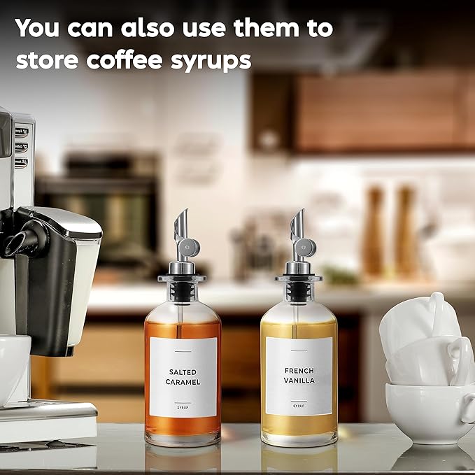 Olive Oil Dispenser Bottle - Includes 55 Kitchen Essential Labels - Cooking Oil Bottles for Kitchen, Coffee Syrup Dispenser - Pourer Spout with 11.8 fl oz Glass Container Cruet - 4pcs Silver