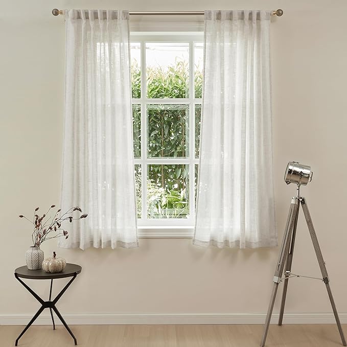 MYSKY HOME Farmhouse Kitchen Curtains 54 inches Long, Boho Curtain Panels Farmhouse Style Flax Linen Polyester Blend Texture for Home Decor, Light Soften Privacy Drapes, Linen, Pack-2