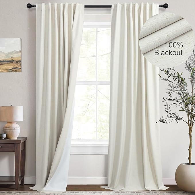 Luxury Linen Extra Long Drapes 132 Inch Blackout Curtains for Bedroom 2 Panel Drop Cloth Cotton Textured Rustic Farmhouse Thermal Darkening Curtain Privacy Room Divider High Ceiling Curtain 11ft Cream