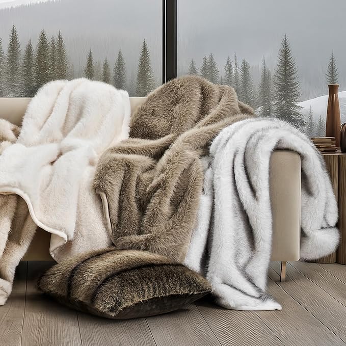 Luxury Faux Fur Throw Blanket, Soft Fluffy Faux Mink Blankets for Bed, Couch, Sofa, Thick Cozy Plush Warm Fur Throws with Reversible Velvet, Ivory Mink, 50"x60"