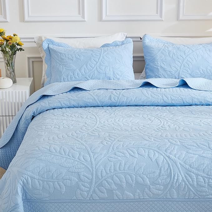 MarCielo 3-Piece 100% Cotton Oversized Bedspread Lightweight Quilt Coverlet Embroidery Farmhouse Bedding Set T0 (Light Blue, Twin (68"x86"))
