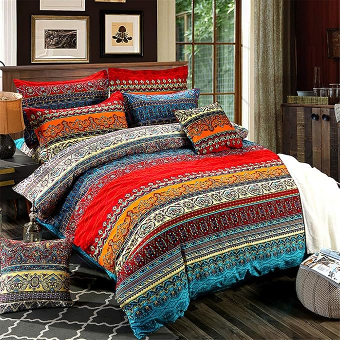 ABREEZE 3Pcs Bohemia Retro Bedding Ethnic Vintage Floral Duvet Cover Boho Bedding 100% Brushed Cotton Bedding Sets Damask Paisley Coloful Mandala Down Comforter Cover,Twin