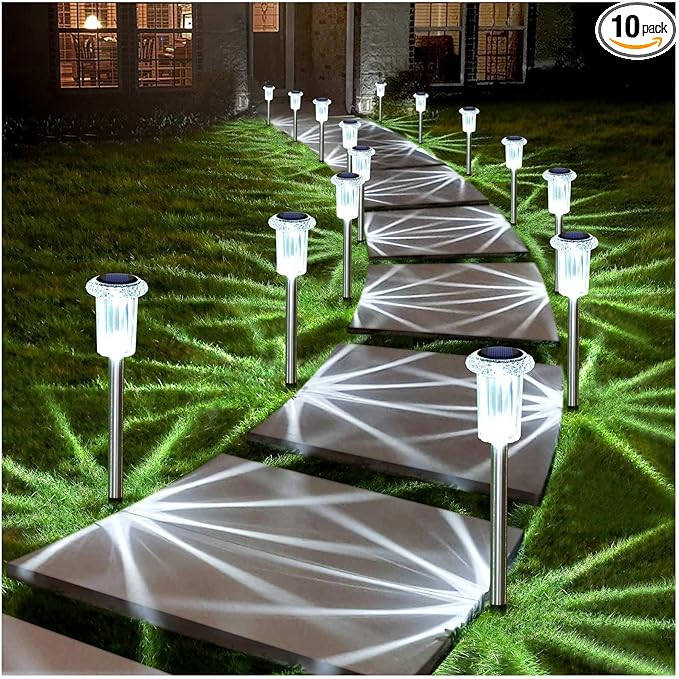 DenicMic Solar Lights Outdoor 10 Pack Waterproof 6000K Cold White LED Stainless Steel Stake for Pathway Yard Garden Driveway Solar Powered Outside Decor