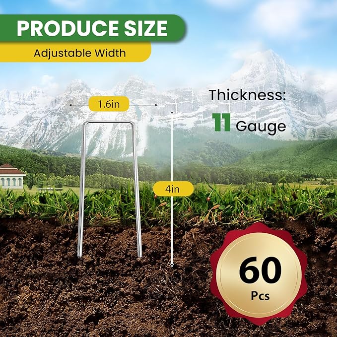 Landscape Staples Galvanized 4 Inch 60 Pcs, Metal Garden Stakes 1.6 Inch, Garden Staples for Lawn 11 Gauge