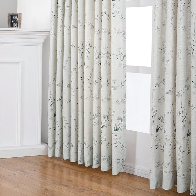 Pinch Pleated Floral Linen Curtains, 40 Inch Wide by 84 Inch Long Printed Curtains for Privacy Light Filtering, Suitable for Living Rooms and Sunrooms.2 Panels