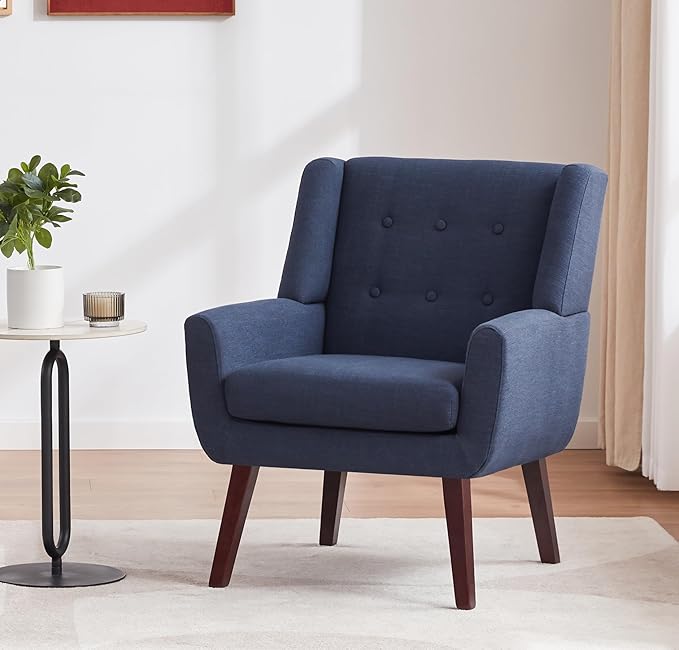 HUIMO Accent Chairs Set of 4, Upholstered Button Tufted Armchair, Linen Fabric Sofa Chairs for Bedroom, Living Room, Mid Century Modern Comfy Reading Chair (4, Dark Blue)