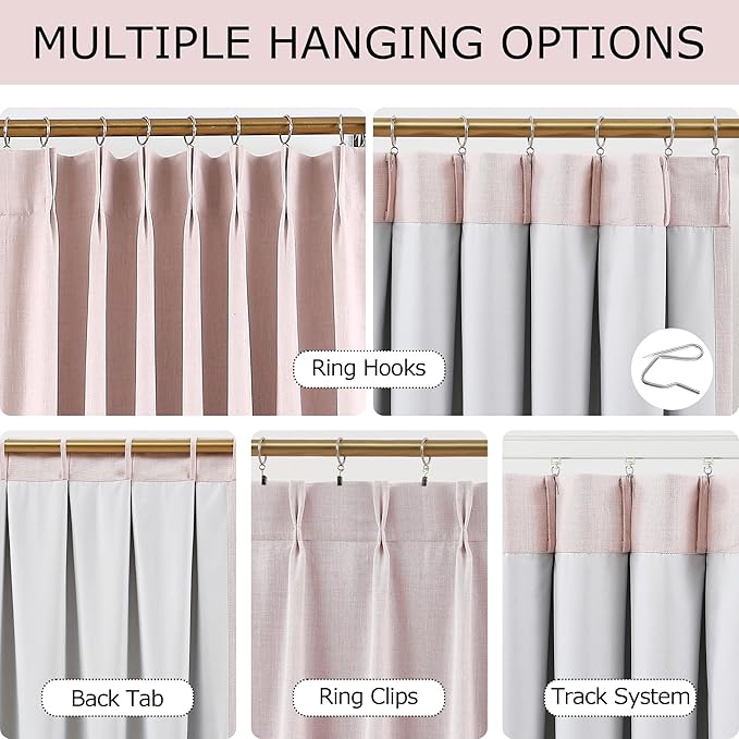 Vision Home Soft Pink Pinch Pleated Full Blackout Curtains Linen Blended Room Darkening Window Panels 108 inch for Living Room Bedroom Thermal Insulated Pinch Pleat Drapes with Hooks 60" Wx108 Lx1