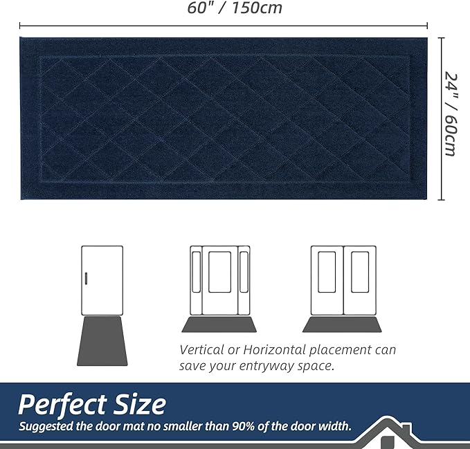 BEQHAUSE Dirt Trapper Door Mat 24" x 60", Doormat Non-Slip Entryway Rugs Washable, Dog Door Mat Stain Resistant and Absorbent Welcome Floor Mat for Front Back Door, Muddy Wet Shoes & Paws, Navy Blue