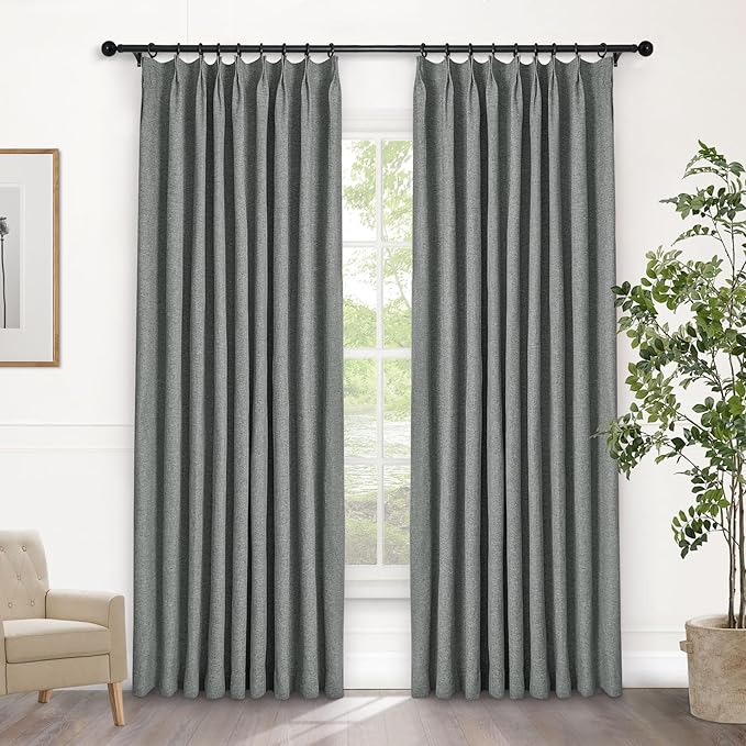 Macochico 100% Blackout Mid Grey Linen Curtains 84 Inches Long Pinch Pleated Burlap Curtains for Bedroom Living Room Farmhouse Nursery Thermal Window Panels with Tieback 72”Wx84”L 1 Panel