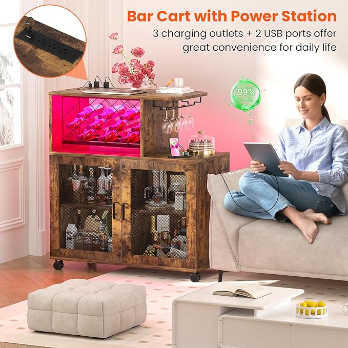 Wine Bar Cabinet with Wheels, Small Liquor Cabinet with LED Light, Home Bar Cart with Power Outlets, Coffee Bar with Wine Rack, Glasses Storage for Kitchen, Dining Room, Living Room, Vintage