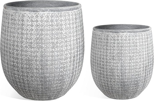 Worth Garden Large Round Planters Set of 2 (14.5"x17.5" & 12" x15“) - Lightweight Magnesium Oxide Cement Plant Pot with Texture - Grey Concrete Look with Drainage Hole – Indoor & Outdoor Use