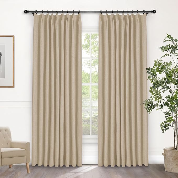 Macochico Pinch Pleated Blackout Linen Curtains 96 Inches Long 100% Light Blocking Burlap Curtains for Bedroom Living Room Thermal Window Panels with Tieback 72”Wx96”L Sand Beige 1 Panel