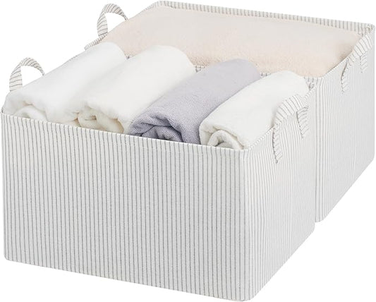 StorageWorks Storage Bins, Fabric Storage Bins for Shelves, Extra Large Storage Baskets with Metal Frame, Closet Baskets and Bins with Handles, Jumbo, Gray and White Stripes, 2-Pack