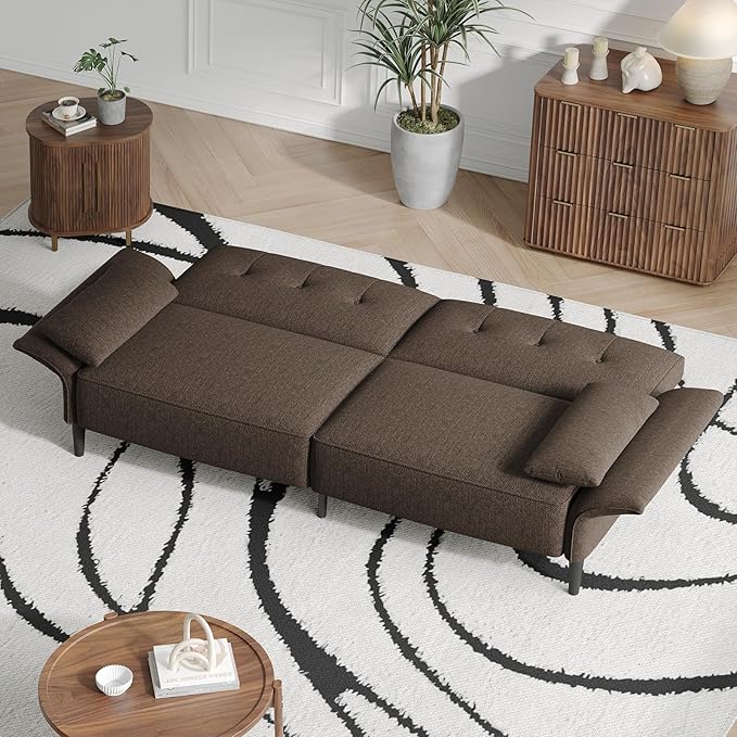 89” Futon Sofa Bed, Linen Comfy Futon Couch Bed with 2 Square Pillows, Convertible Sleeper Sofa with Adjustable Backrest& Armrests, Modern Loveseat Sleeper for Living Room, Bedroom, Brown
