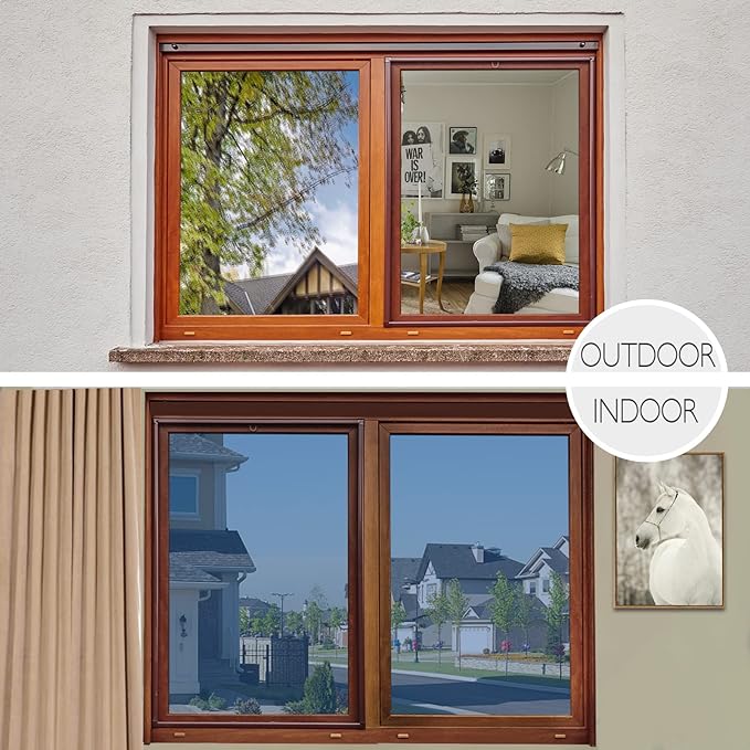 HIDBEA One Way Mirror Window Film Daytime Privacy, Heat Control Anti UV Reflective Window Tint for Home, Non-Adhesive Self Static Cling Window Stickers(Blue-Silver, 17.5 Inch x 6.5 Feet)