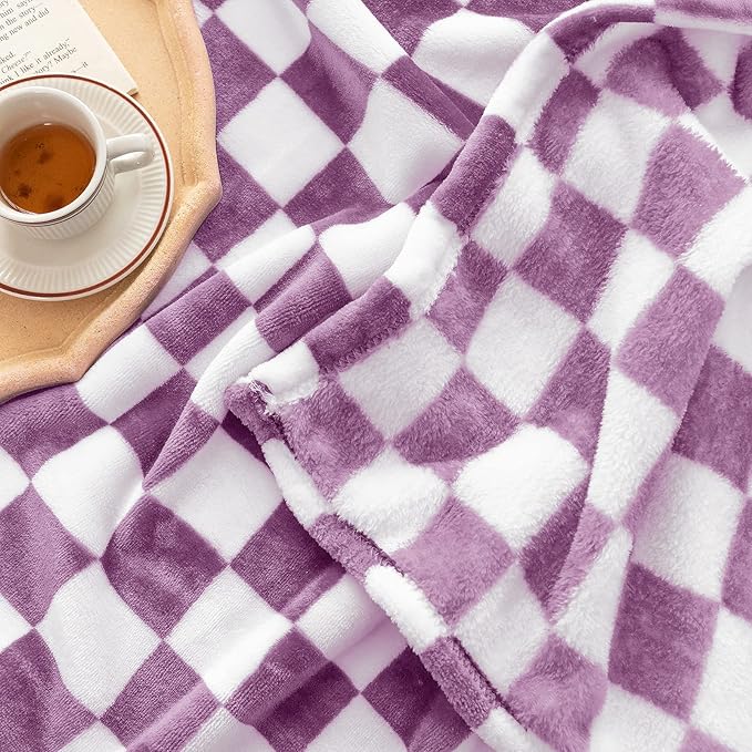 LOMAO Throw Blankets Flannel Blanket with Checkerboard Grid Pattern Soft Throw Blanket for Couch, Bed, Sofa Luxurious Warm and Cozy for All Seasons (Purple, 50"x60")