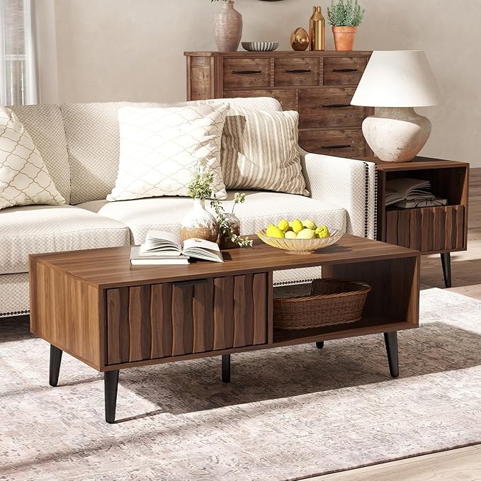 Mid Century Modern Coffee Table with Grooved Drawers & Open Storage, 47" MDF Walnut Wood Center Table with Black Solid Wood Legs, Retro Living Room Furniture