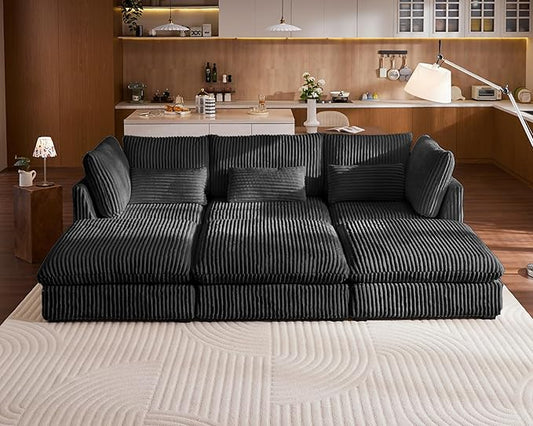 Oversized Modular Sofa, Extra Deep Cloud Corduroy Sectional Couch with Ottoman Chaise, Fluffy Chenille 6 Seater Couch Bed for Living Room, Villa (Sofa Bed 6 Seater, Corduroy Black)