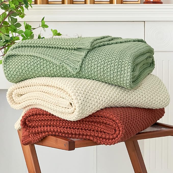 Longhui bedding Chunky Cable Knit Throw Blanket Lightweight Rust 100% Organic Cotton Blanket for Sofa Couch Bed Baby Nursery, Rustic Shabby Chic Modern Farmhouse, 51” x 63” Give Laundering Bag