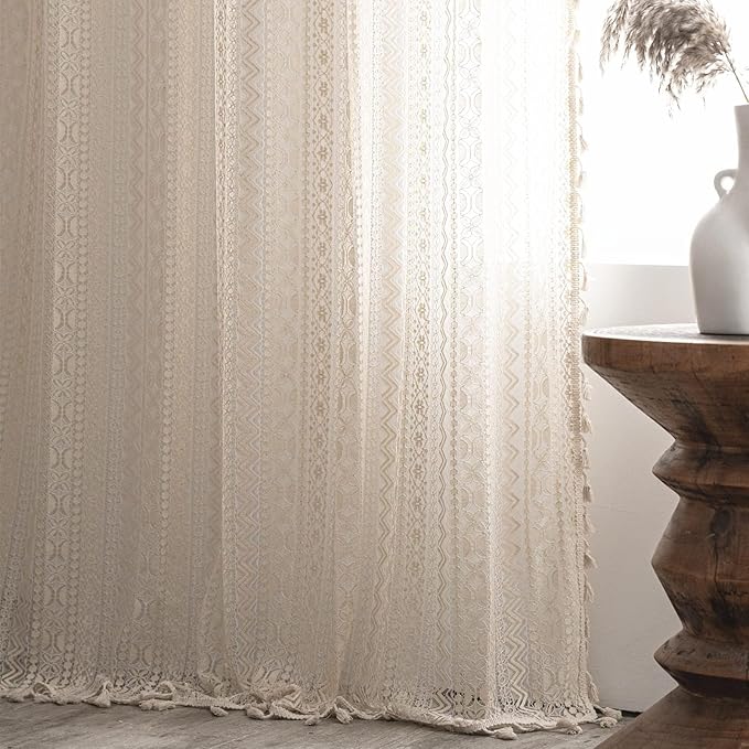 Sutuo Home Boho Lace Curtains for Kitchen Bedroom,Bohemian Crochet Sheer Cotton Tassels Knitted Window Treatment Geometry Country Vintage Rustic Drape Rod Pocket 1 Panel 59" W x 72" L, Beige Wave