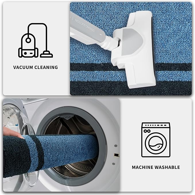 PURRUGS Dirt Trapping Door Mat 24" x 84", Non-Slip/Skid Machine Washable Entryway Rug, Shoes Scraper, Area Rug, Super Absorbent Welcome Mat for Muddy Wet Shoes and Paws, Light Blue & Navy