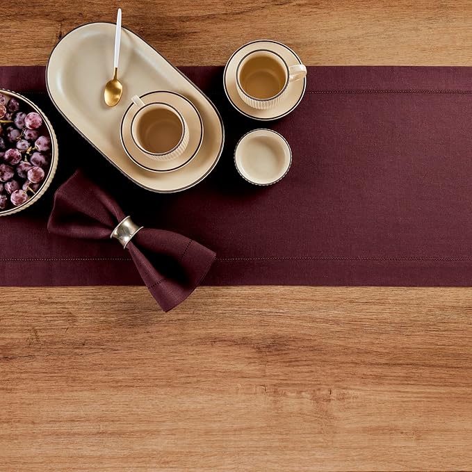 Solino Home Linen Table Runner 60 Inches - 100% Pure Linen Burgundy Hemstitch Table Runner 14 x 60 Inch Ideal for Dresser and Coffee Tables - Fall, Autumn, Thanksgiving - Classic Hemstitch