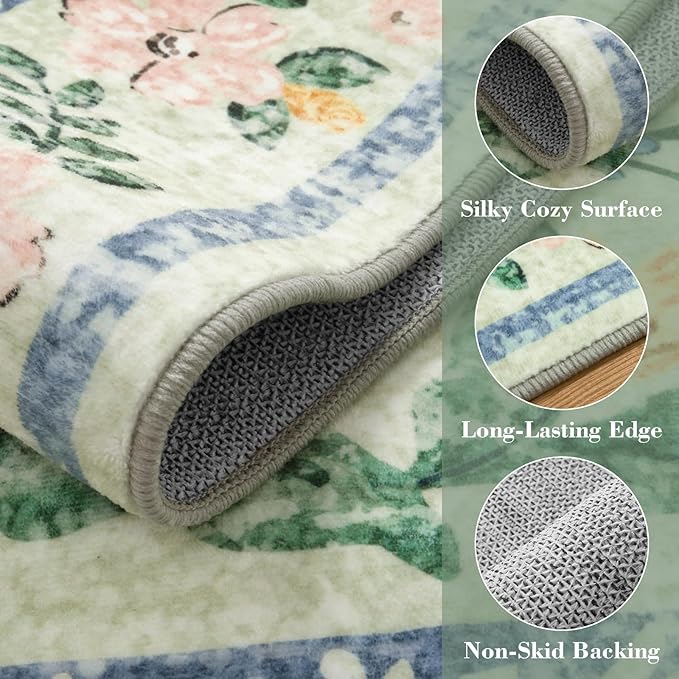 Wonnitar Washable Round Area Rug, 5ft Green Floral Round Rug Boho Soft Circle Carpet, Non Slip Low Pile Circle Accent Carpets for Kitchen Living Room Entryway Bedroom