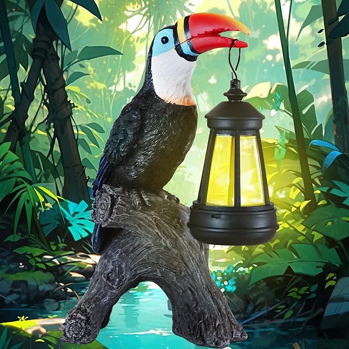 Toucan Garden Statues Decor, Solar Waterproof 9.5" Colorful Tropical Bird Sculpture with LED Lights Funny Garden Outdoor Exotic Bird Sculpture Decoration for Lawn Porch Yard Patio Tiki Bar