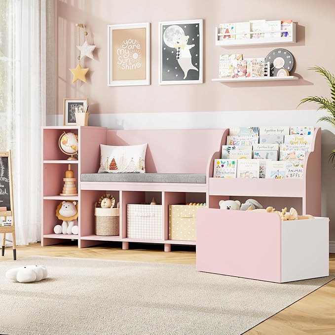 HOSTACK 67" Kids Reading Nook with Bench, Kids Bookshelf and Bookcase with Seat Cushion and 6 Storage Cubbies, Toy Storage Box on Wheels, Toy Chest for Playroom, Bedroom, School, Pink