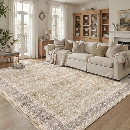 DCX Machine Washable Brown and Beige Area Rug 8x10, Non Slip Stain Resistant Vintage Rug for Living Room Diningroom Bedroom Nursery, Soft Low Pile Large Carpet