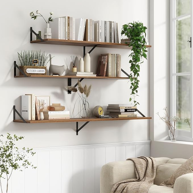 Fun Memories Deep Floating Shelves, 55W x 12D Floating Shelves for Wall, Wood Floating Shelf with Bracket, Wide Display & Storage Wall Shelves for Living Room, Bedroom, Walnut