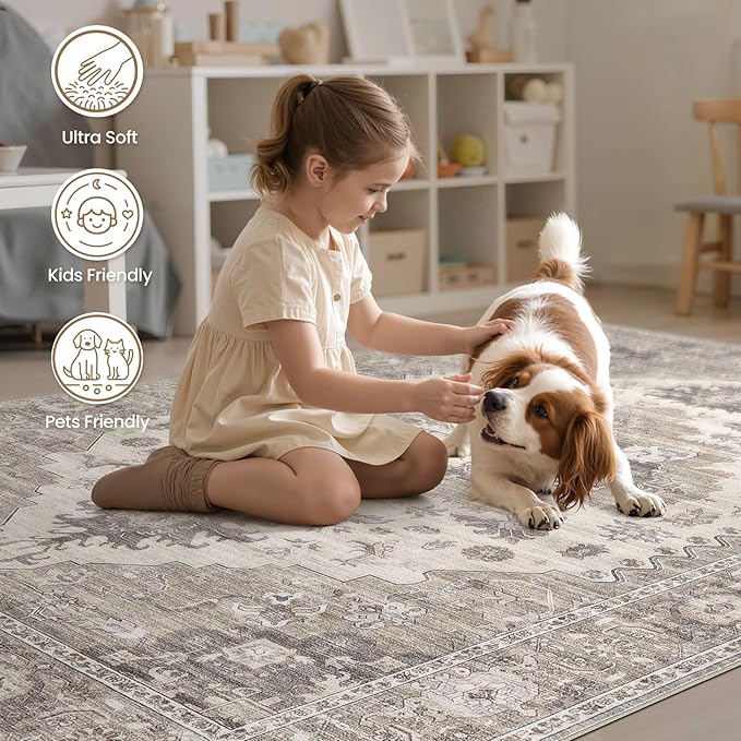 Washable Area Rugs for Living Room -10x13 Neutral Vintage Distressed Floral Farmhouse Boho Large Soft Floor Rug Indoor Non Slip Carpet for Living Room Bedroom Dining Room Office-Brown/Beige