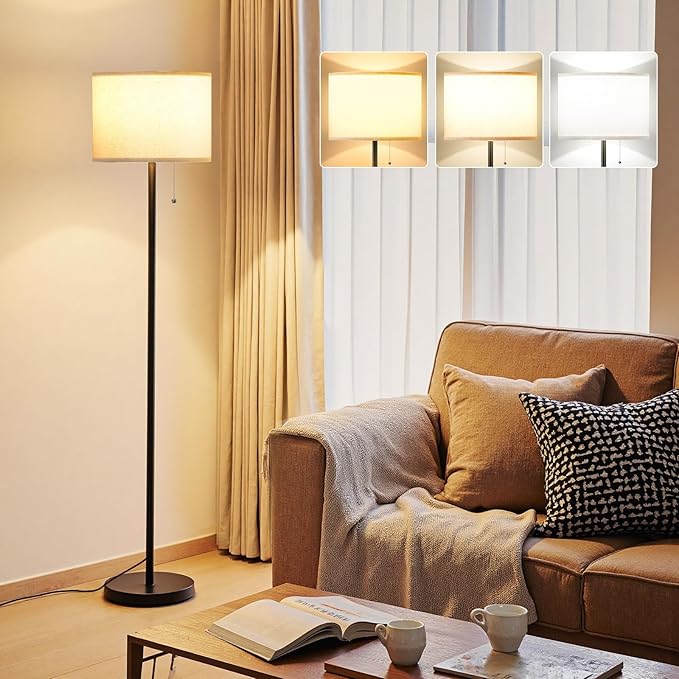 Ambimall Modern Standing Floor Lamp for Living Room & Bedroom with 3 Color Temperatures Bulb & Pull Chain Switch, 60" Tall with Beige Shade & Black Pole