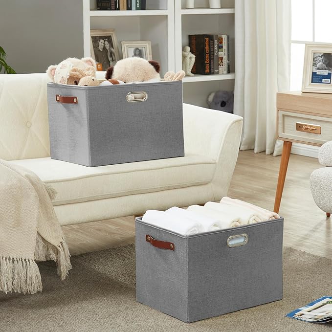 3-Pack Foldable Fabric Storage Bins with Durable PU & Metal Handles, Collapsible Storage Baskets for Shelves, Home Storage, Closet Organizers, Living Room(17"x11.8"x11.8", Grey)