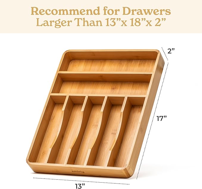SMIRLY Silverware Drawer Organizer – Bamboo Kitchen Drawer Organizer, Adjustable Utensil Holder and Cutlery Tray, Drawer Dividers for Flatware and Kitchen Utensils