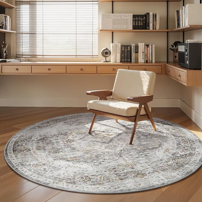 AMOAMI-6FT Round Rug-Rugs for Living Room-Vintage Soft Grey Rugs for Bedroom-Non Slip Circle Rug-Machine Washable Rug for Dining Room Living Room Bedroom Office Under Table