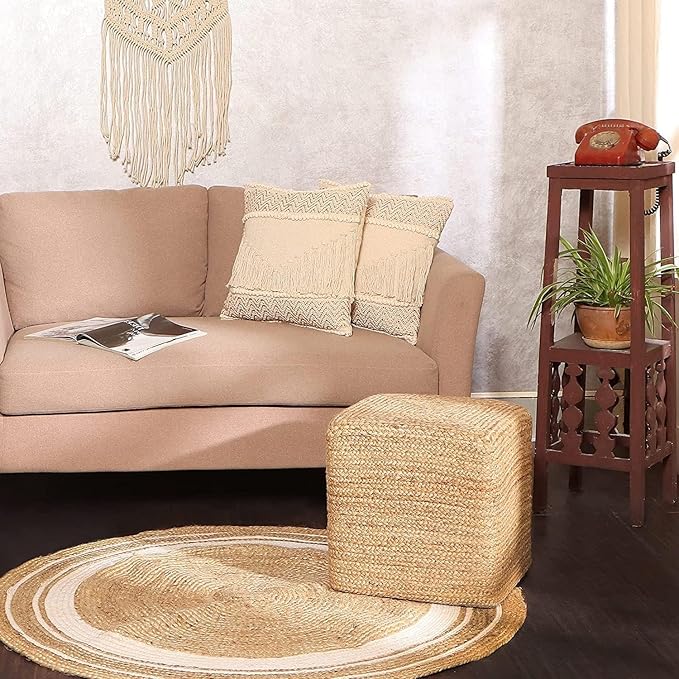 REDEARTH · Cube Pouf Foot Stool Ottoman - Jute Braided Pouffe Poof Accent Sitting - Set of 2 Footrest for The Living Room, Bedroom, Nursery, Patio, Lounge, Office - 14.5”x14.5”x16” - Natural