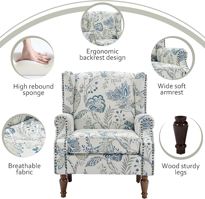Lumibee High Back Accent Chair Set of 2, Armchair in Fabric,Comfy Upholstered Wingback Single Sofa Reading Chairs with Solid Wood Legs for Living Room,Bedroom,Office-Plants Blue