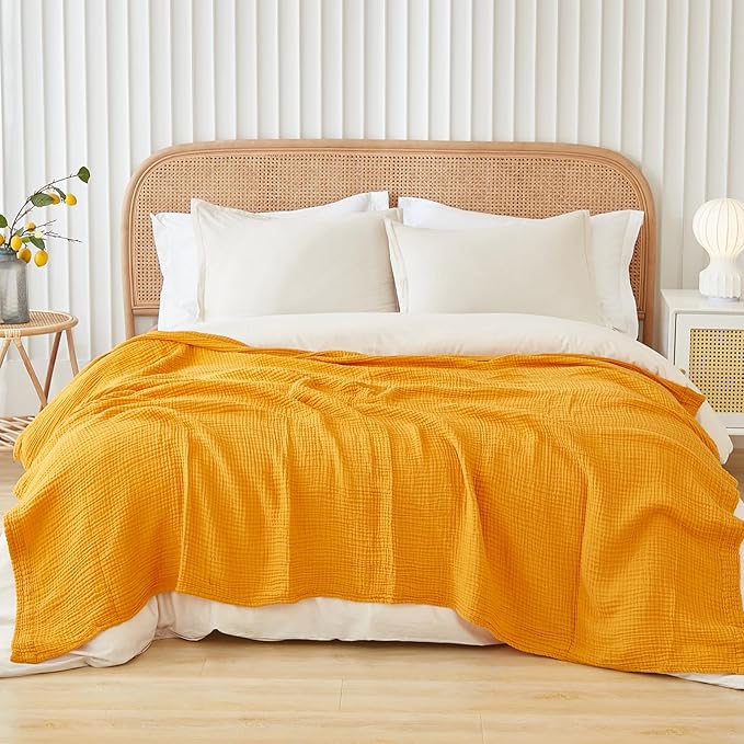 EMME Cotton Throw Blanket for Couch Soft Muslin Blankets 50"x60" Lightweight Breathable Blanket All Season Gauze Blanket, Mustard Yellow