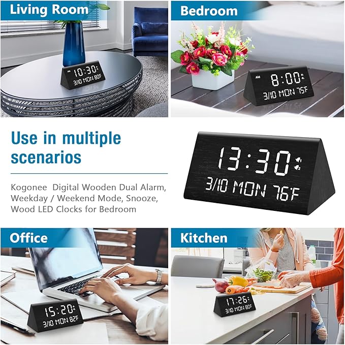 Kogonee Wooden Digital Alarm Clock, 0-100% Dimmer, 2 Alarm Settings, Weekday/Everyday Mode, 9 Mins Snooze, 12/24H, Temperature and Date Display for Office, Travel, Bedroom Alarm Clock (Black)
