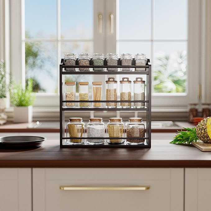 3 Tier Bamboo Wood Spice Rack, Seasoning Bottles Jars Organizer Shelf for Spices or Craft Supplies, Kitchen Counter or Wall Mounting (Brown)
