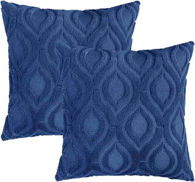 decorUhome Fall Throw Pillow Covers 16x16 Inch Set of 2, Soft Plush Decorative Faux Fur Dark Blue Solid Couch Pillow Covers, Accent Farmhouse Neutral Square Euro Pillow Cases for Sofa Bed Living Room