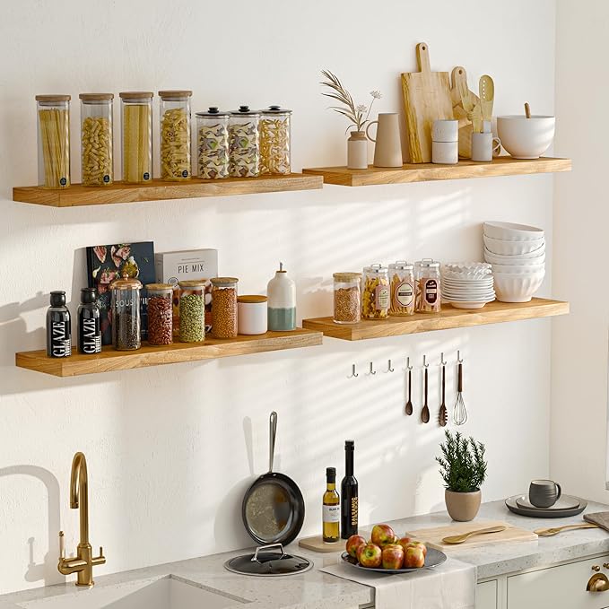 Fun Memories Floating Shelves for Wall, 24 Inch Floating Shelves Wall Mounted, Rustic Elm Wood Shelf, Heavy-Duty Storage Shelves for Books, Bathroom, Kitchen, Natural Finish, Set of 2