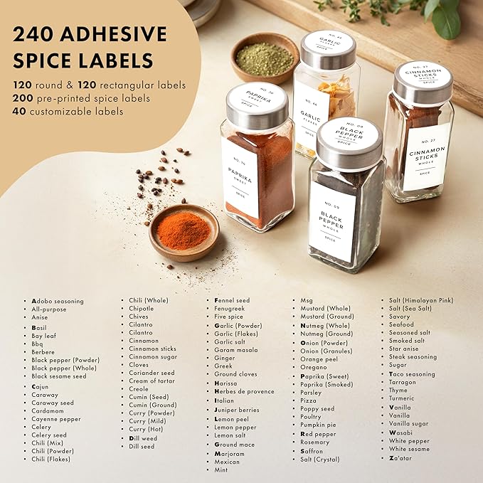 Glass Spice Jars with Label and Stainless Steel Lids (24 x 4oz) Spice Containers with 240 Labels, Shaker Inserts, Steel Funnel, Empty Square Empty Square Seasoning Organizer (White)