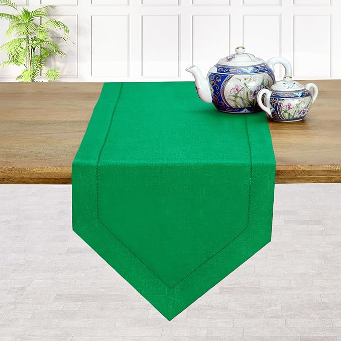 D'Moksha Homes Kelly Green Linen Table Runner 120 Inches Long - 100% Pure Linen Diamond Table Runner 14 x 120 Inch for Dining, Fall and Halloween - Machine Washable