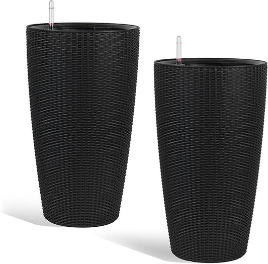 2Pack 22" High Modern Plant Pots Planter-Self-Watering Indoor/Outdoor Planting with Drain Holes, Water Level Monitor, Inner Bucket for Front Porch Patio, Black Rattan Conical
