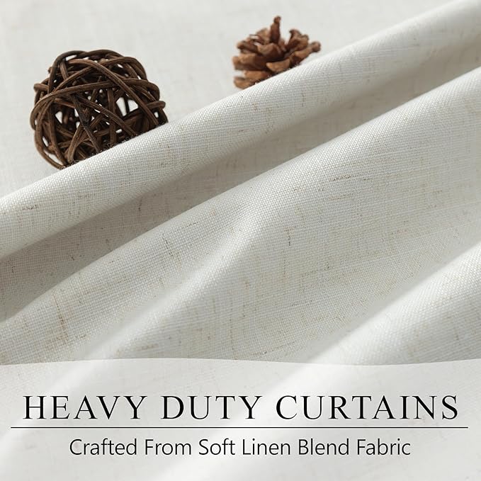 Cream Linen Boho Blackout Curtains 90 Inches Long Length 2 Panel Set Sliding Glass Door Sun Heat Blocking Curtain for Bedroom Living Room Darkening Insulating Drape Country Style Farmhouse Cottagecore