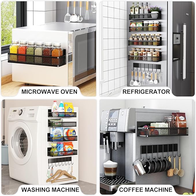 Magnetic Spice Rack for Refrigerator, 5 Pack Magnetic Shelf, Moveable Magnetic Fridge Organizer with 8-Hook Rack, Seasoning Organizer for Kitchen Organization and Storage (5 Pack)