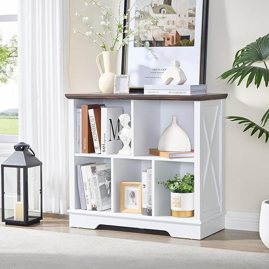Farmhouse 5 Cube Bookshelf, White Storage Organizer Bookcase, Kids Toy Storage Cabinet, Small Bookshelves Storage Organizer Shelf, Wood Display Cabinet Book Shelves for Bedroom,Living Room,Office