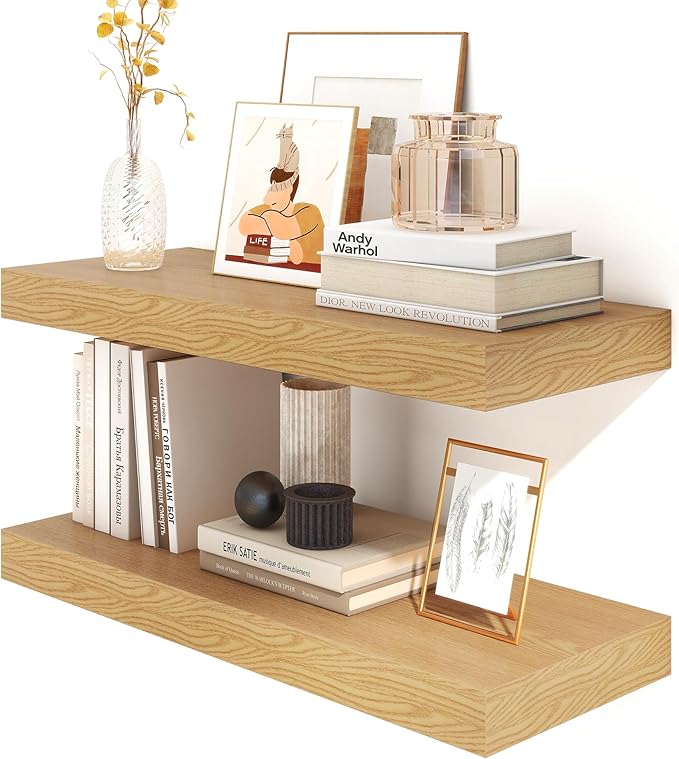 12 Inch Deep Floating Shelves | 30W x 12D Rustic Floating Shelves for Wall Set of 2 | Oak Shelves for Living Room Bathroom Laundry Room Bedroom Kitchen Home Office - Oak